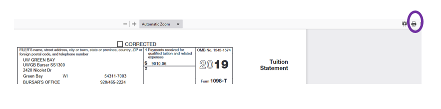 Screenshot of electronic 1098-T document with print icon highlighted