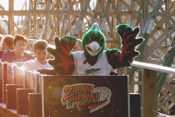 Phlash the Phoenix mascot on the Zippin Pippin rollercoaster