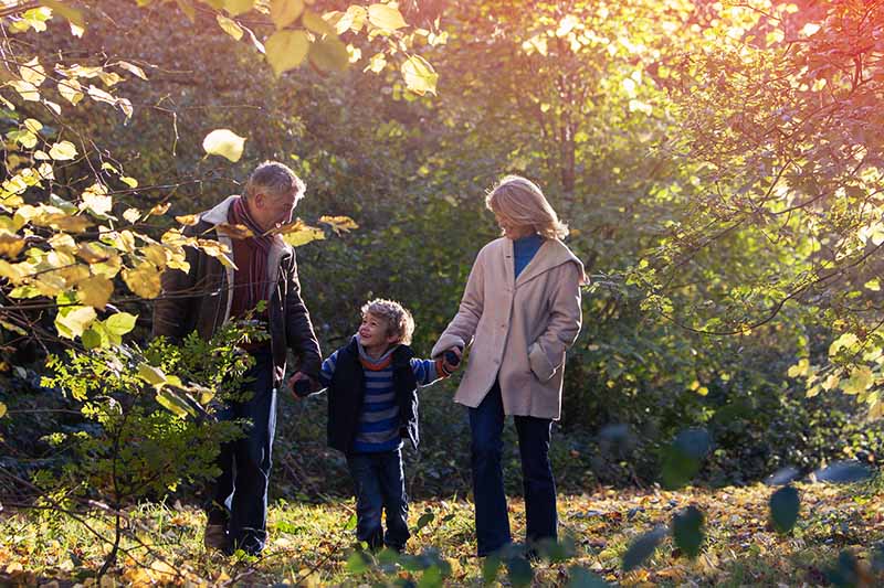grandparents walking outside with young grandchild